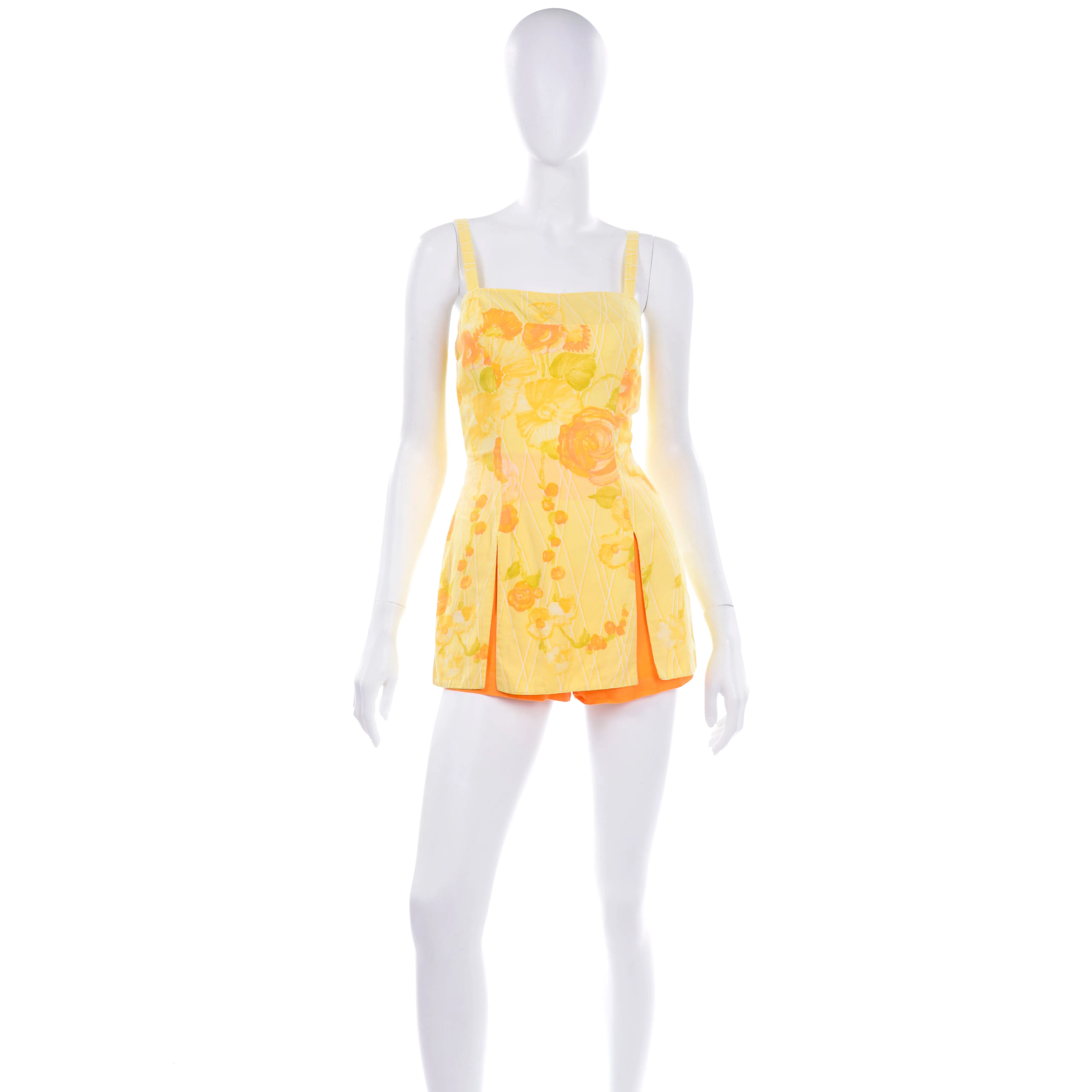 1960s Gabar Vintage Yellow Romper Playsuit w/ Orange Rose Print