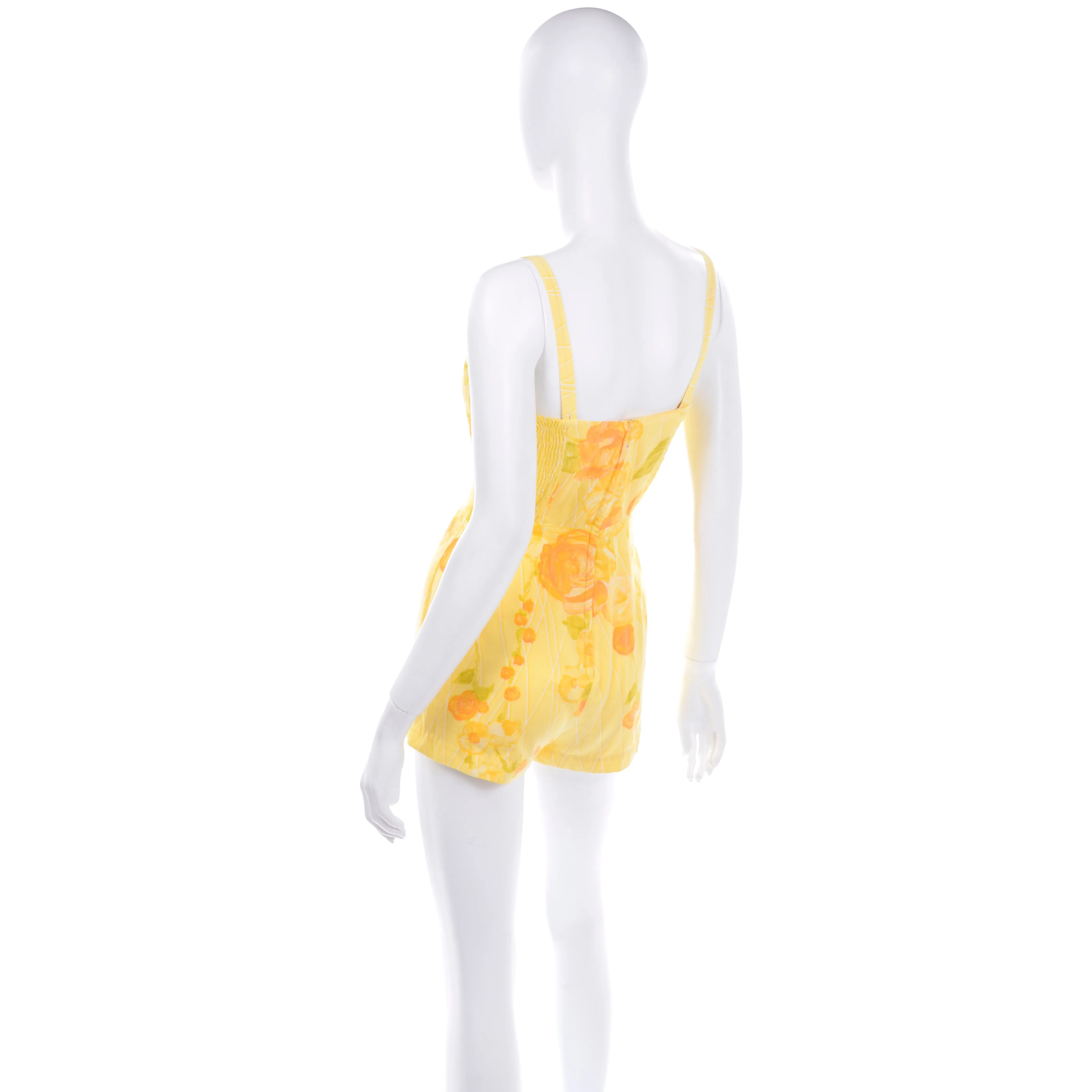 1960s Gabar Vintage Yellow Romper Playsuit w/ Orange Rose Print