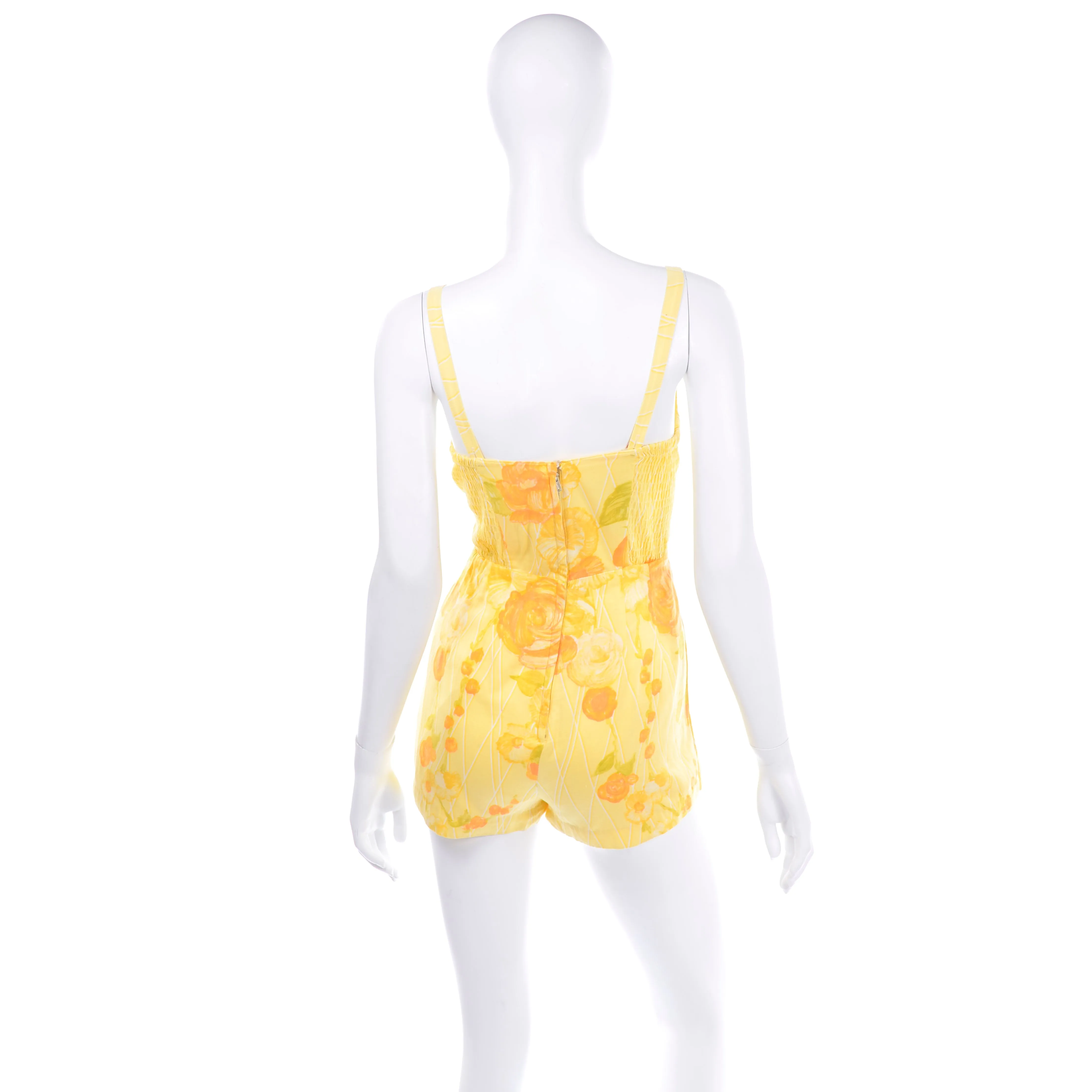 1960s Gabar Vintage Yellow Romper Playsuit w/ Orange Rose Print