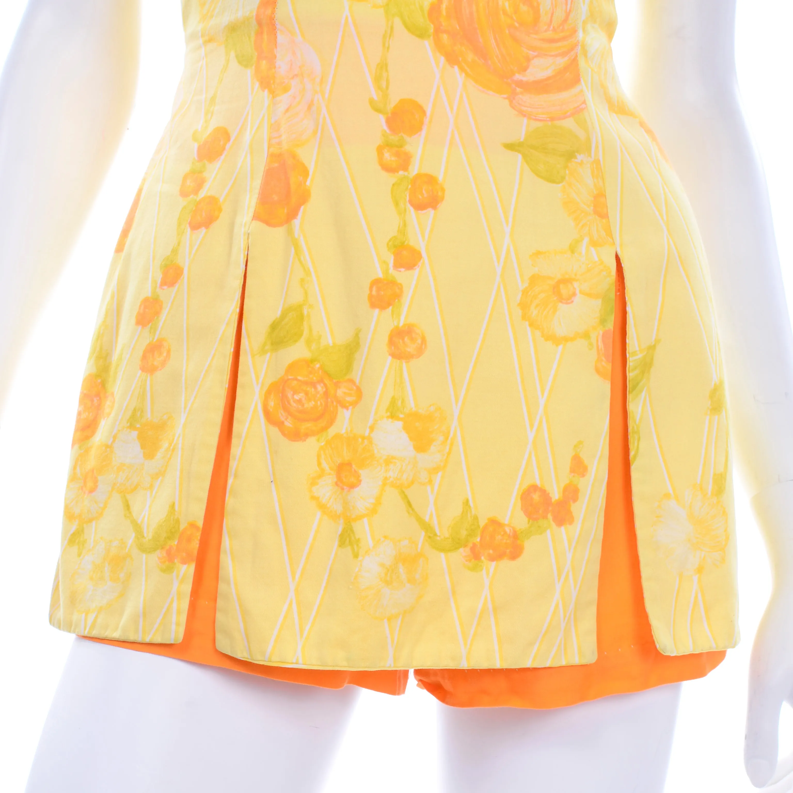 1960s Gabar Vintage Yellow Romper Playsuit w/ Orange Rose Print