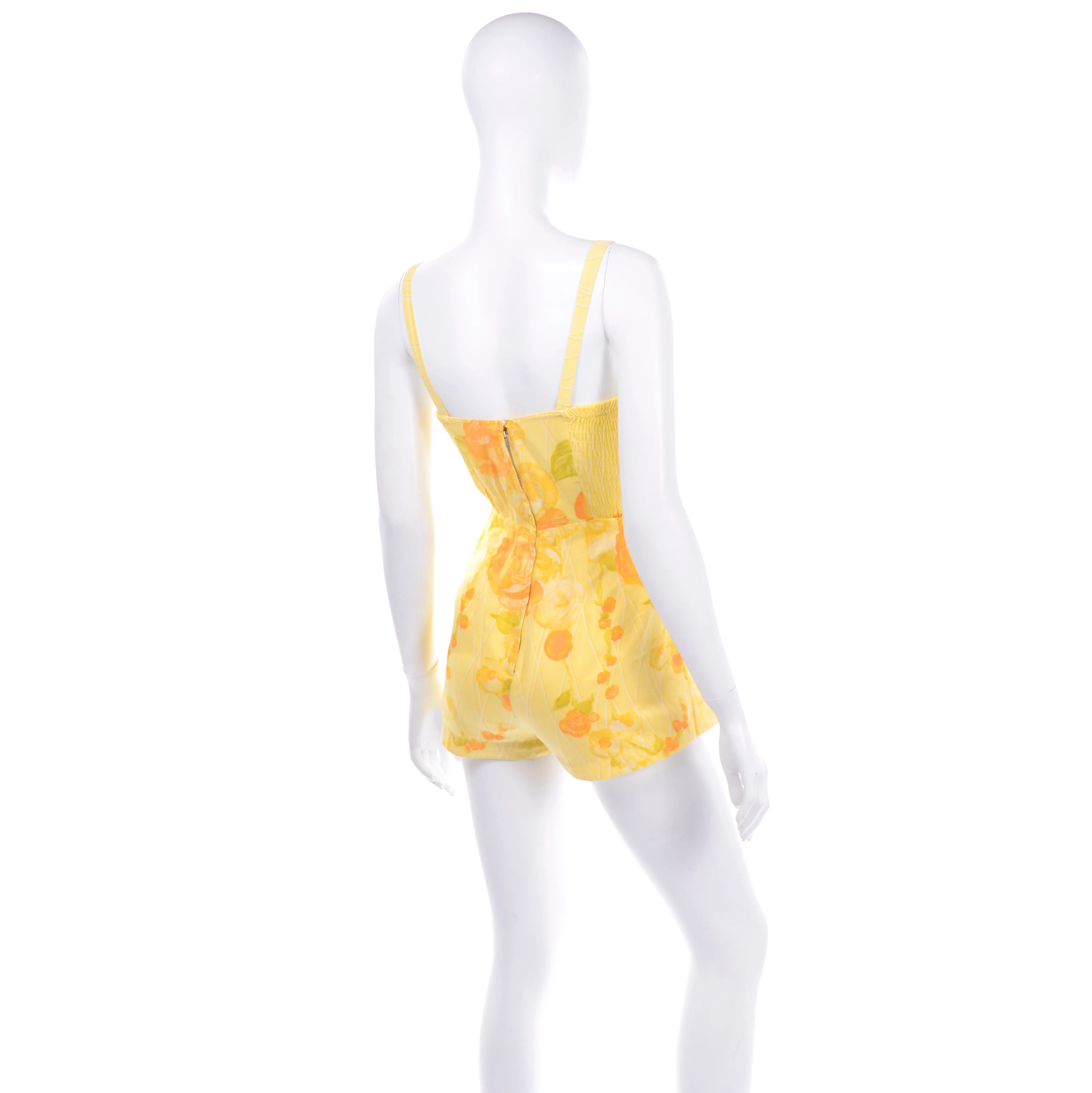 1960s Gabar Vintage Yellow Romper Playsuit w/ Orange Rose Print