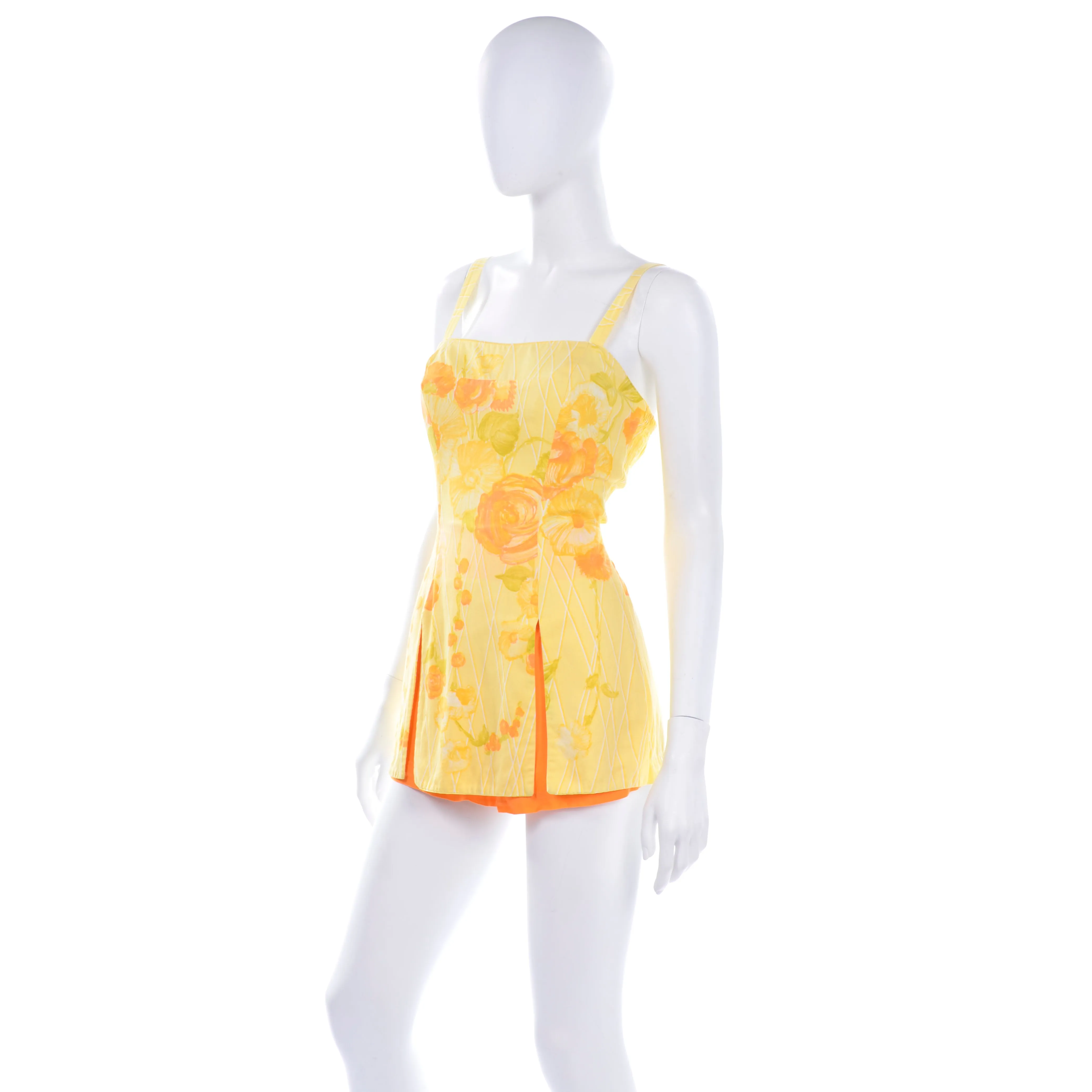 1960s Gabar Vintage Yellow Romper Playsuit w/ Orange Rose Print