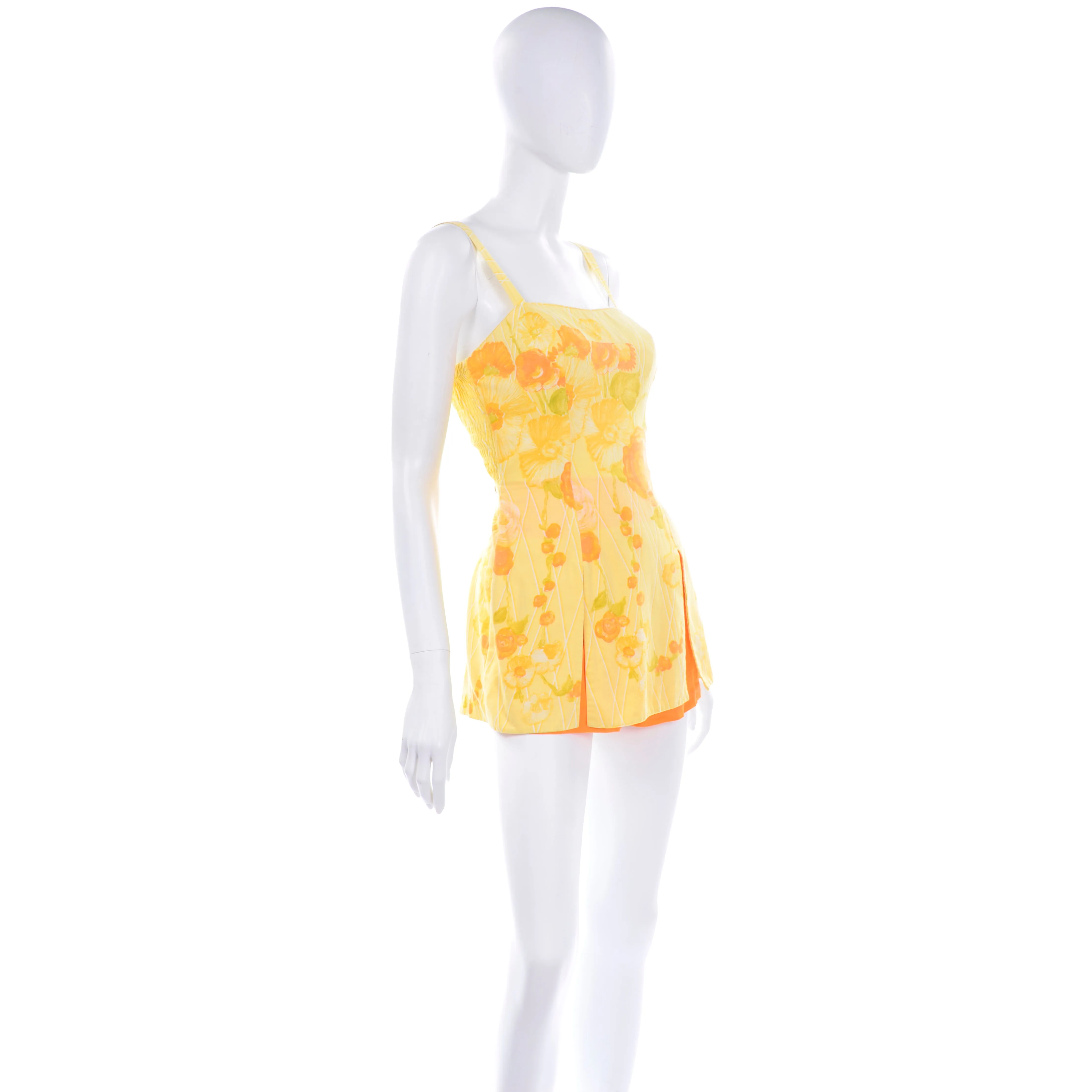 1960s Gabar Vintage Yellow Romper Playsuit w/ Orange Rose Print