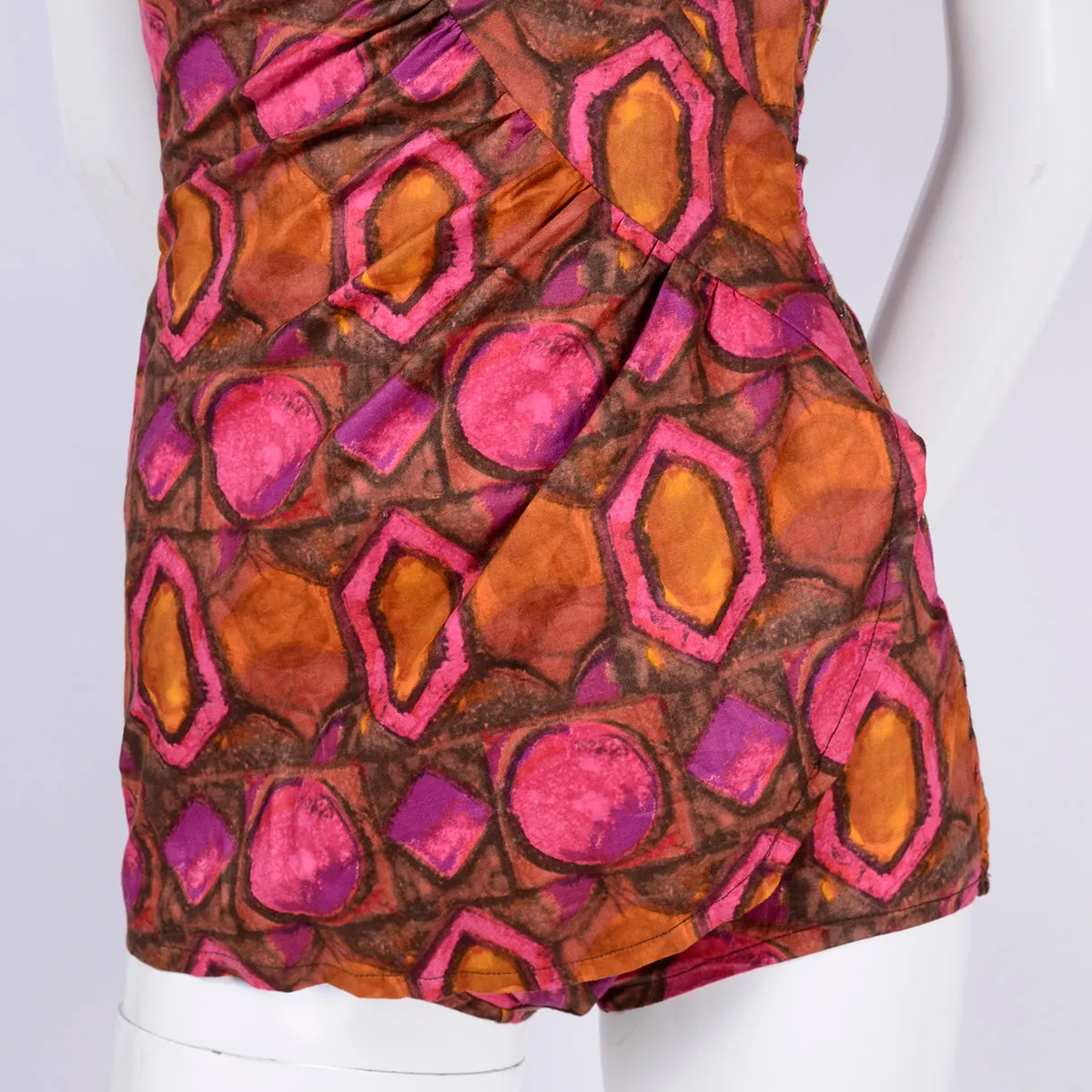 1960s Skylar Pink & Brown Abstract One Piece Swimsuit