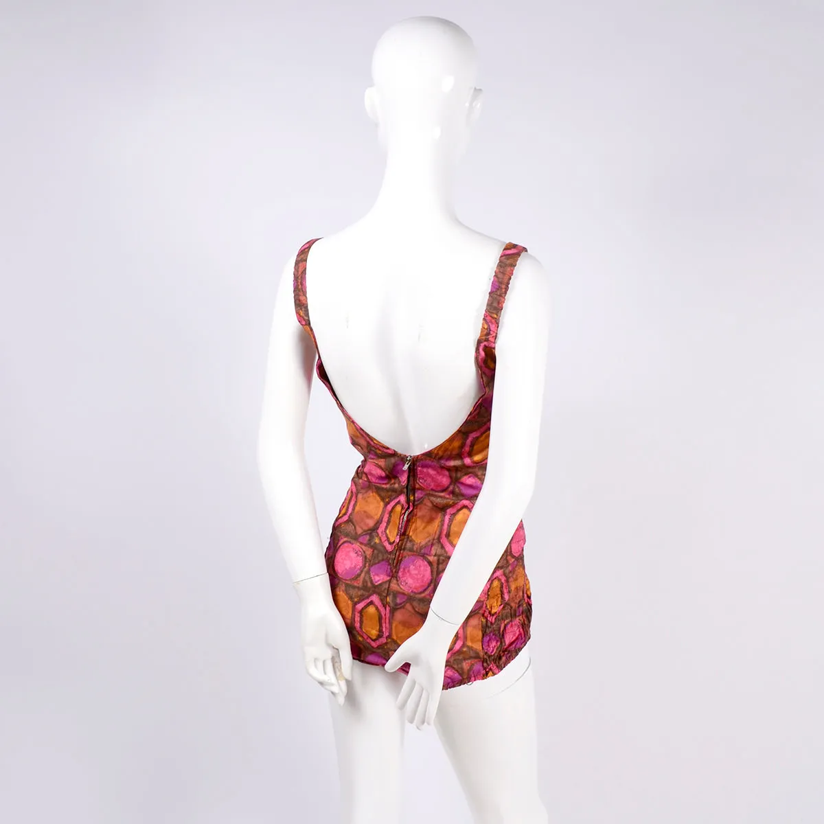 1960s Skylar Pink & Brown Abstract One Piece Swimsuit