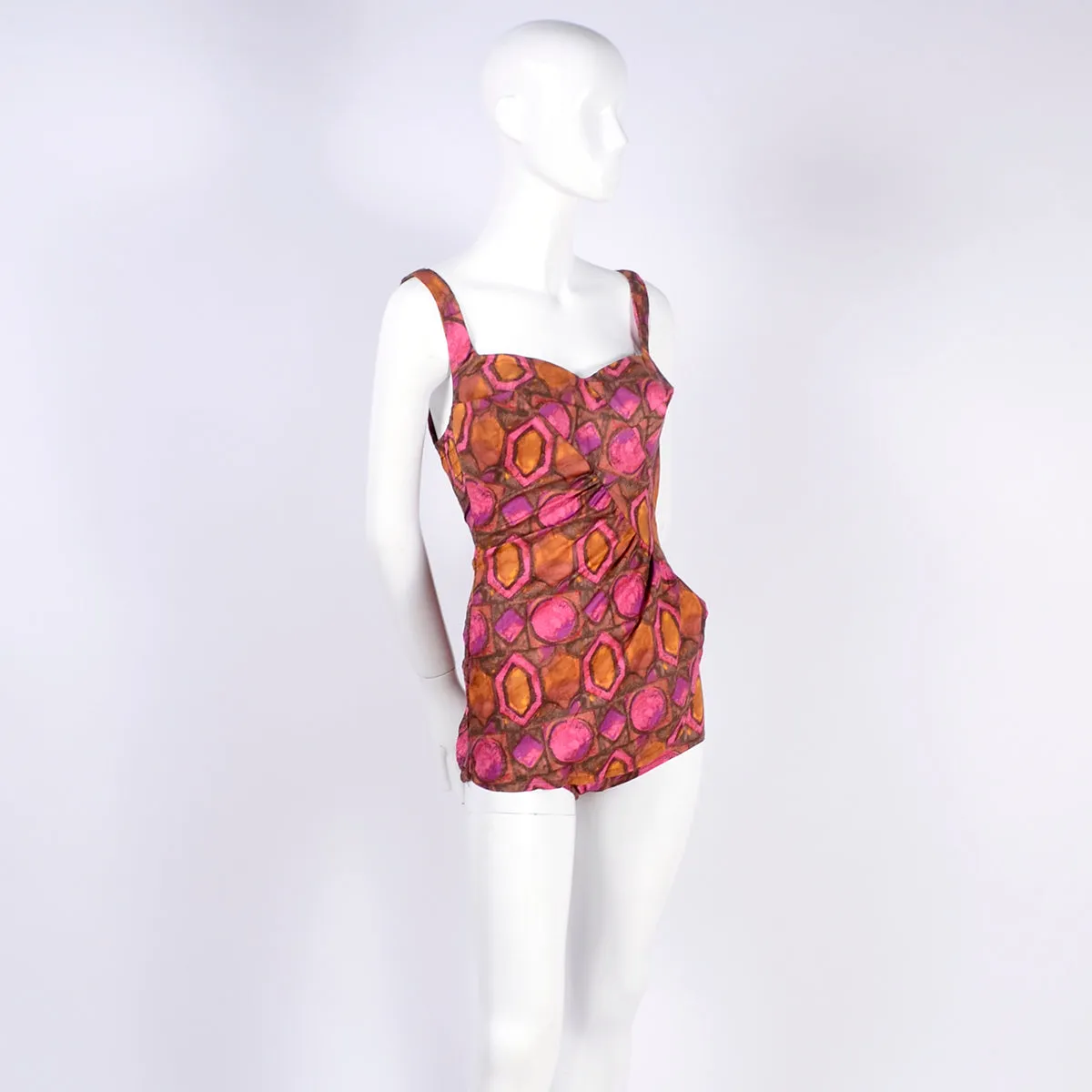 1960s Skylar Pink & Brown Abstract One Piece Swimsuit
