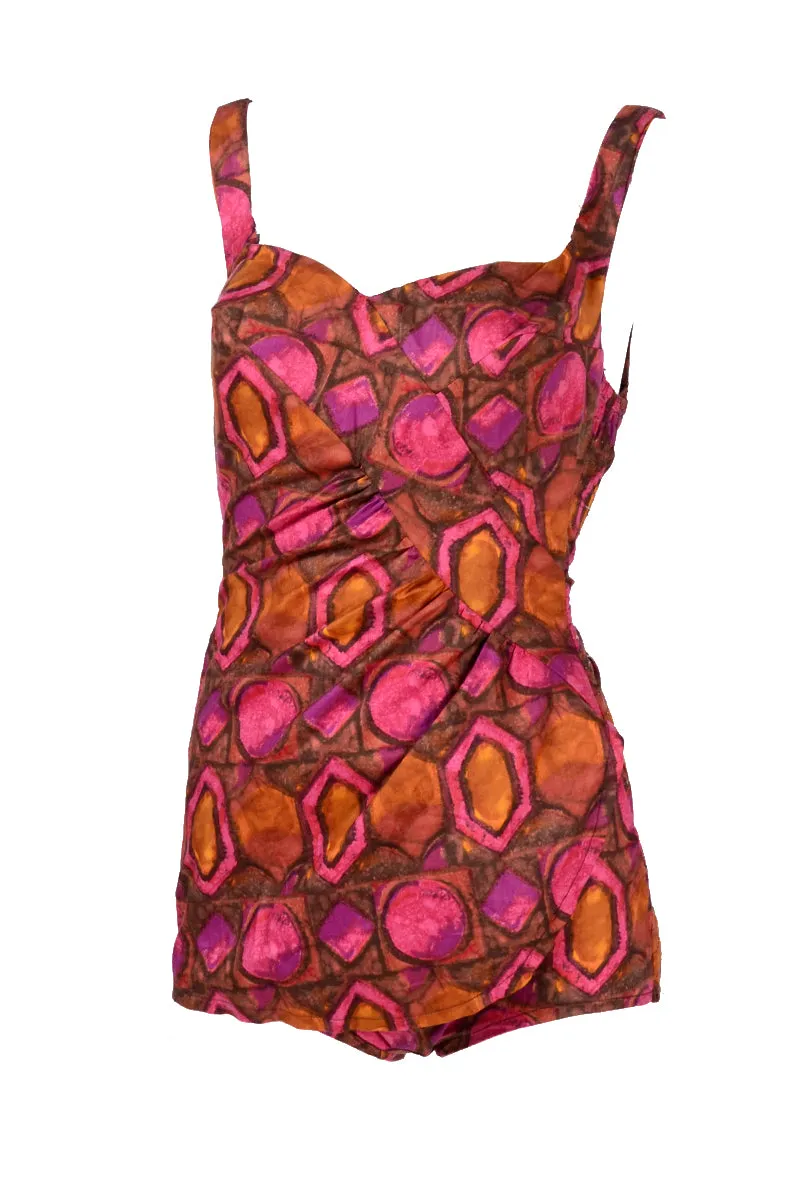 1960s Skylar Pink & Brown Abstract One Piece Swimsuit