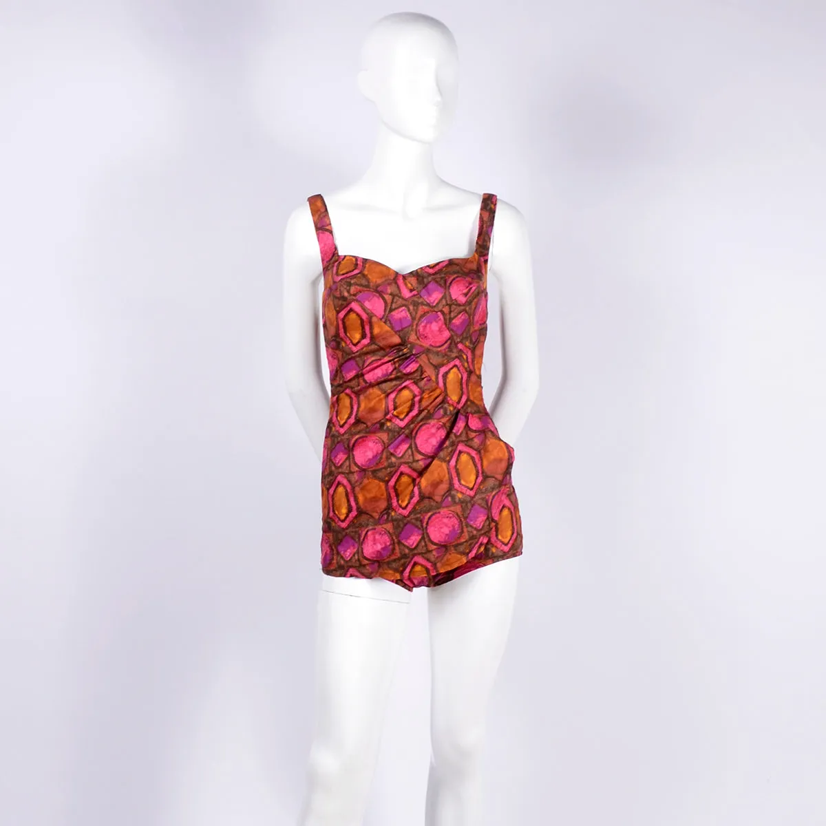 1960s Skylar Pink & Brown Abstract One Piece Swimsuit
