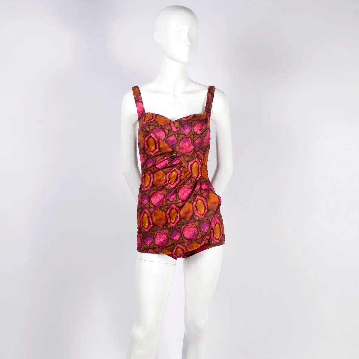 1960s Skylar Pink & Brown Abstract One Piece Swimsuit