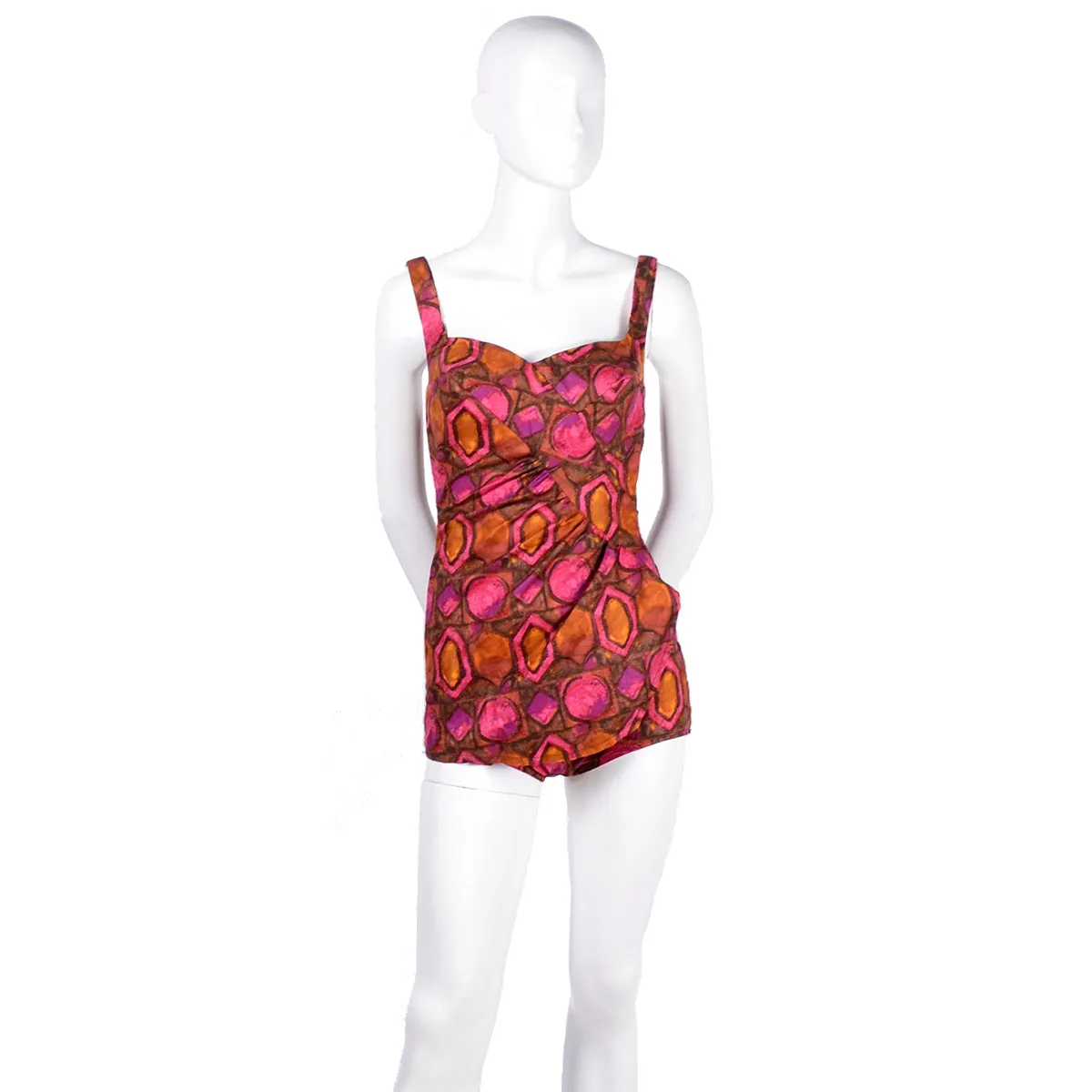 1960s Skylar Pink & Brown Abstract One Piece Swimsuit