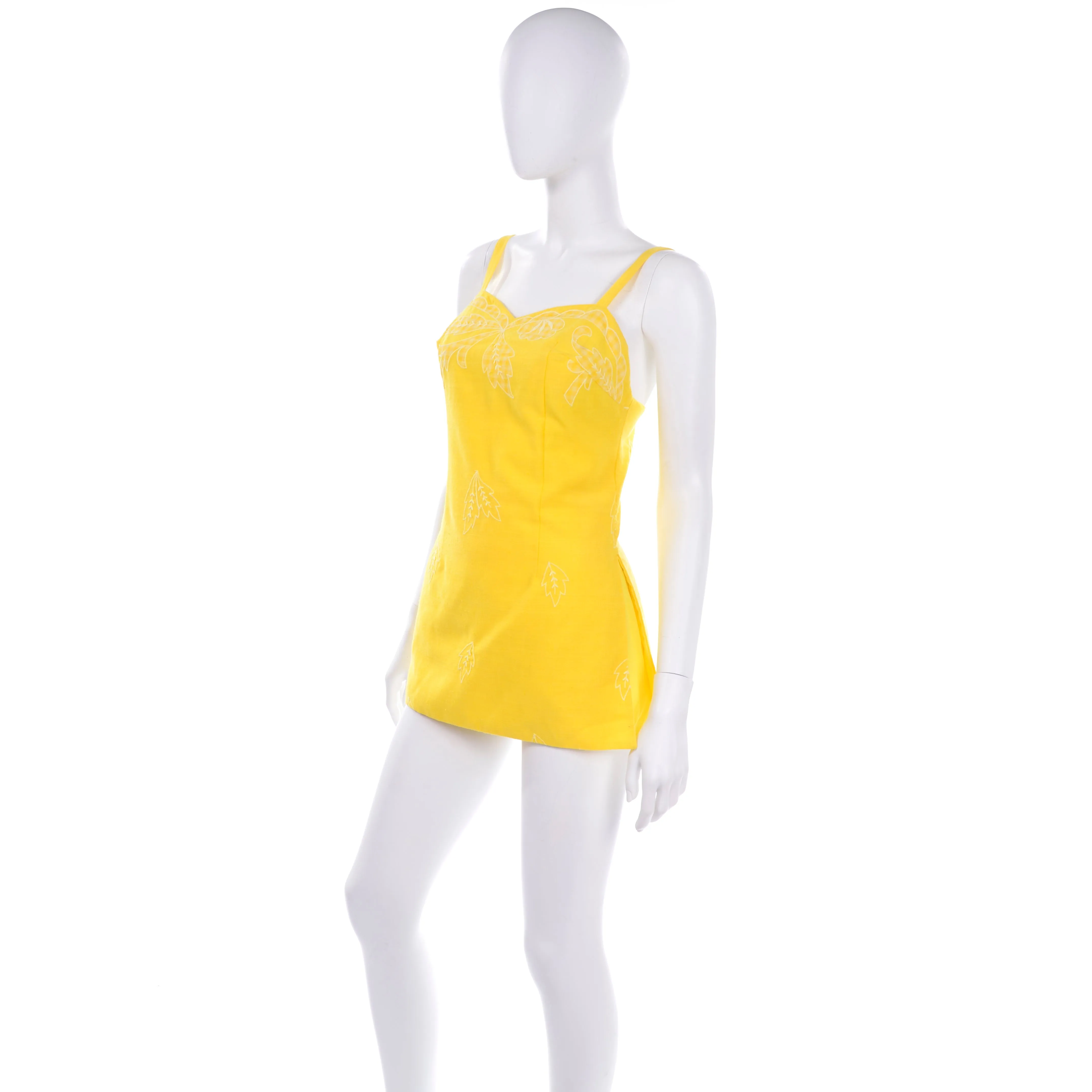 1960s Tina Leser Yellow Swimsuit Romper W/ Gingham Leaf Details