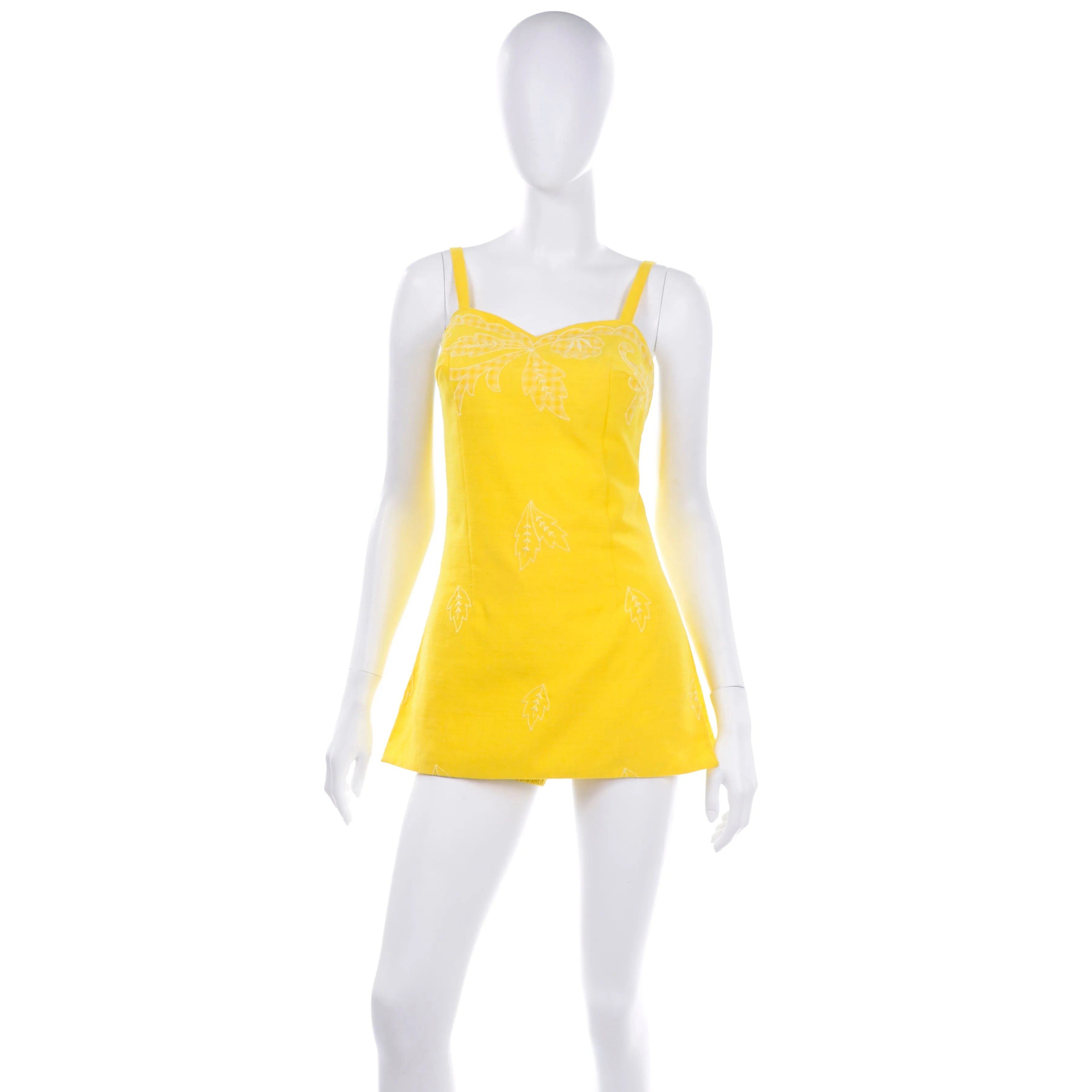 1960s Tina Leser Yellow Swimsuit Romper W/ Gingham Leaf Details