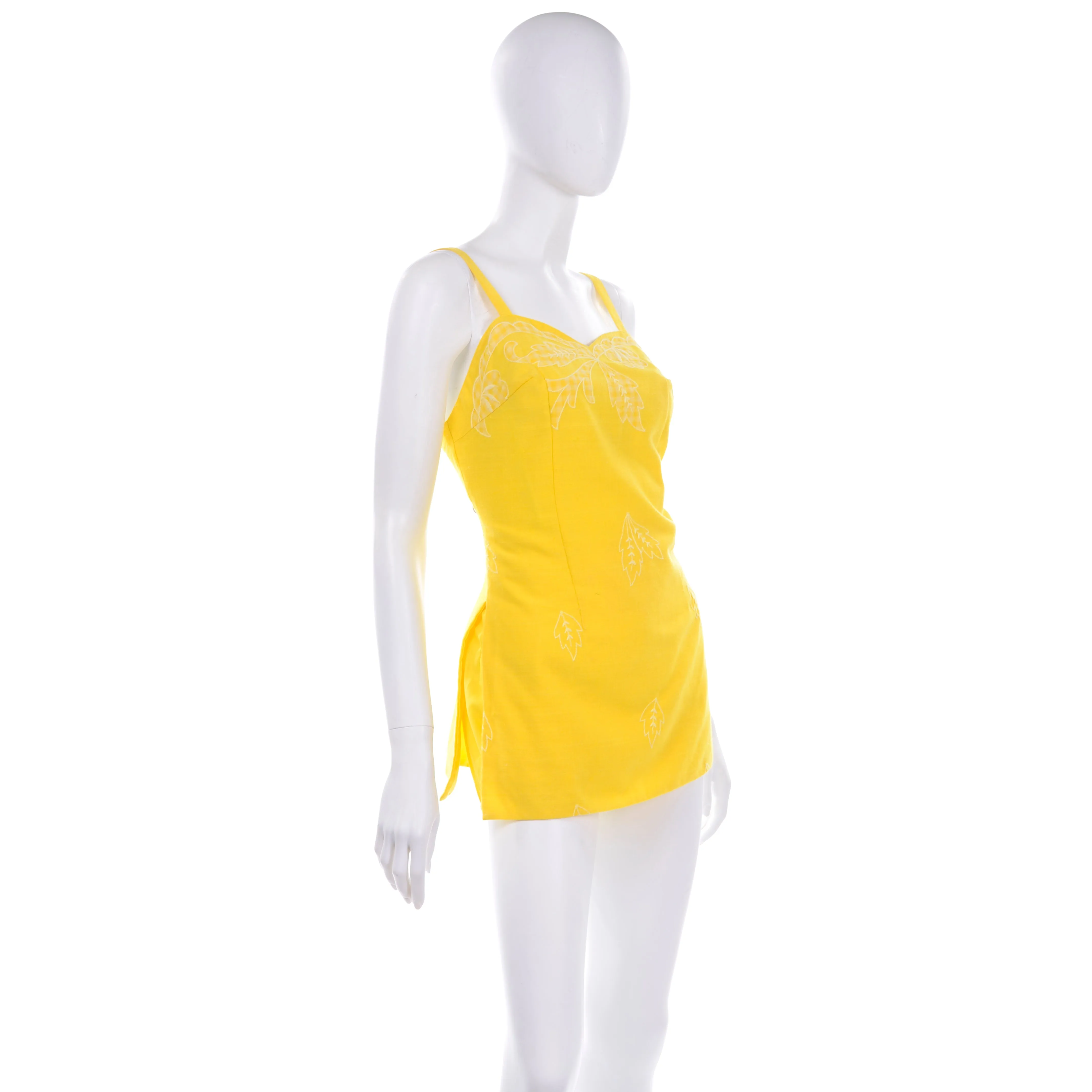 1960s Tina Leser Yellow Swimsuit Romper W/ Gingham Leaf Details