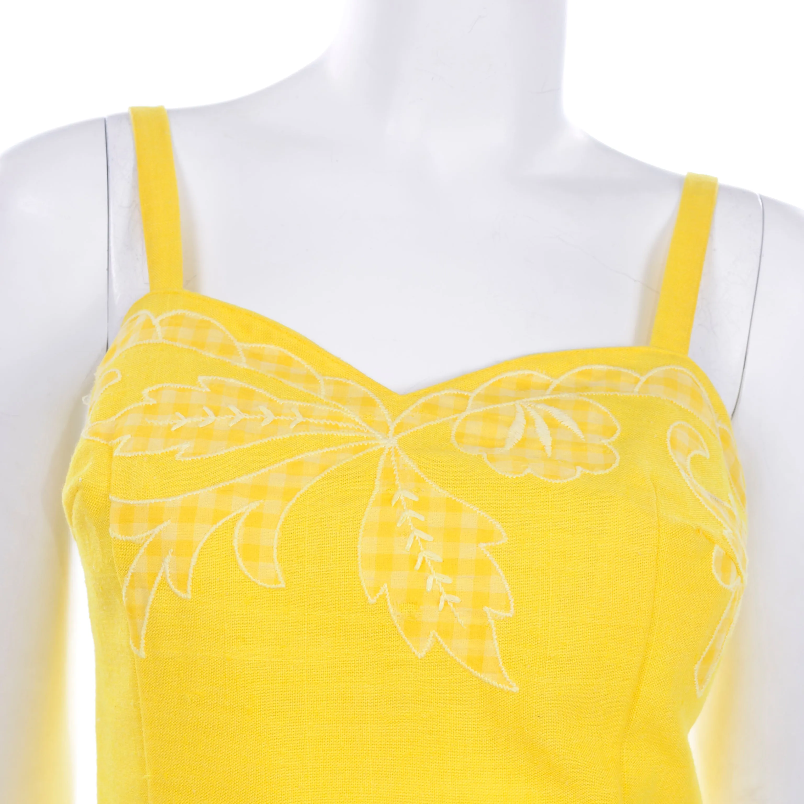1960s Tina Leser Yellow Swimsuit Romper W/ Gingham Leaf Details