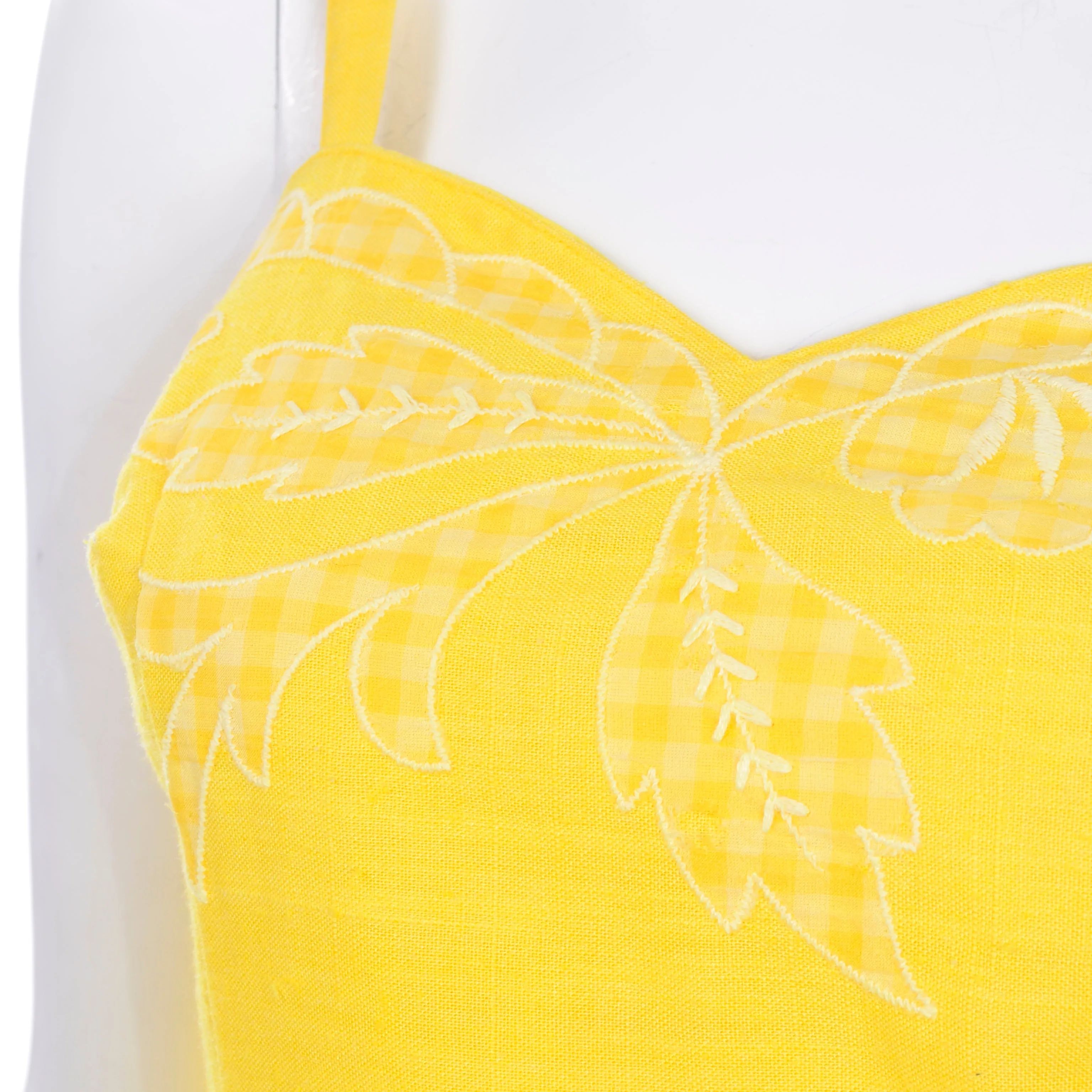 1960s Tina Leser Yellow Swimsuit Romper W/ Gingham Leaf Details