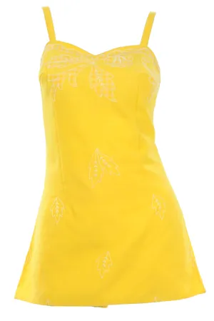 1960s Tina Leser Yellow Swimsuit Romper W/ Gingham Leaf Details