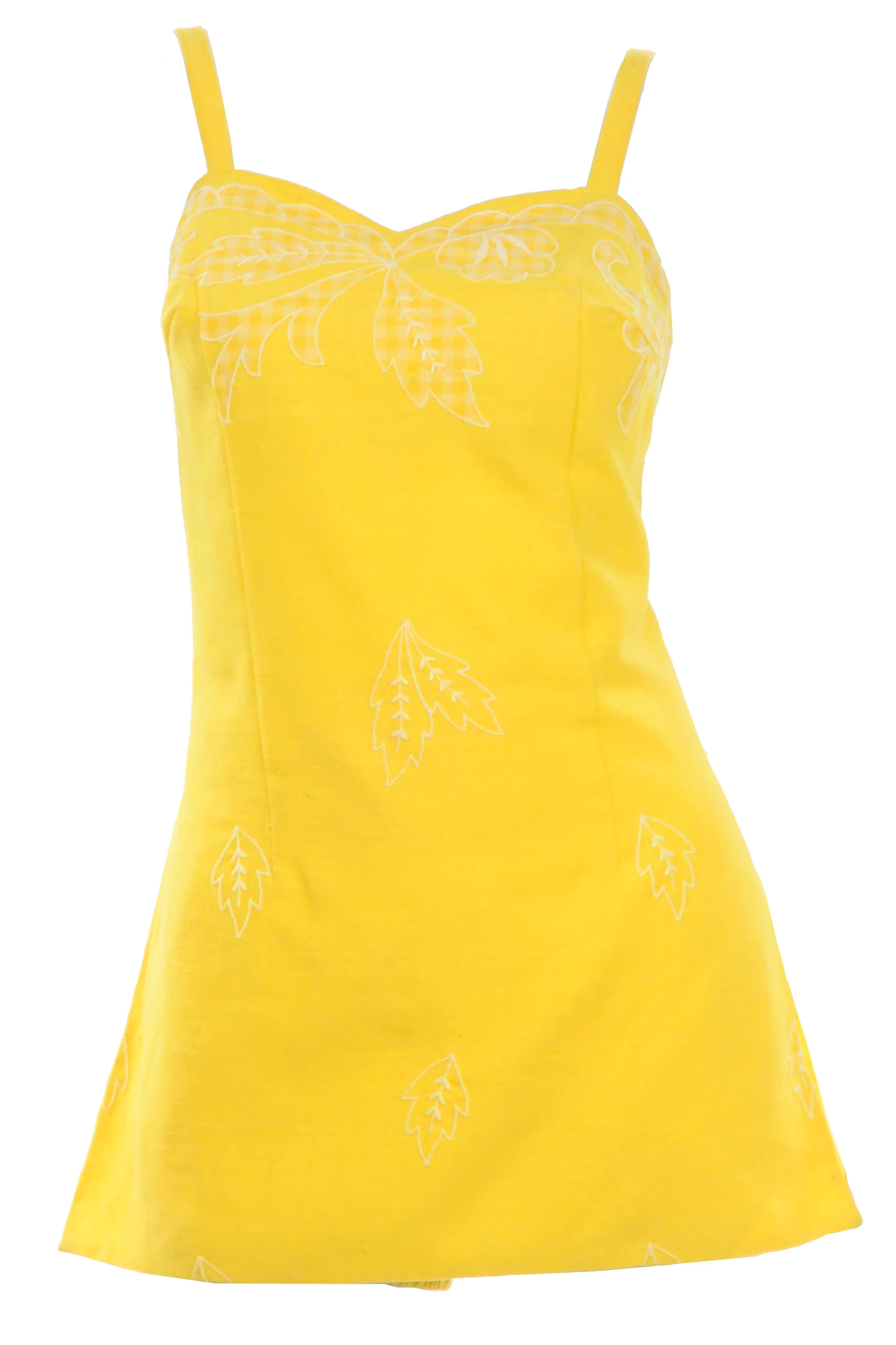 1960s Tina Leser Yellow Swimsuit Romper W/ Gingham Leaf Details