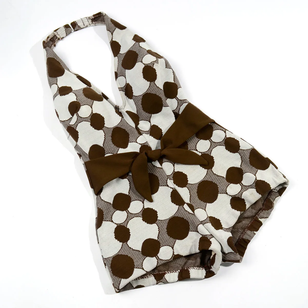 1970s Robby Len Brown Circle Design Vintage Halter Swimsuit