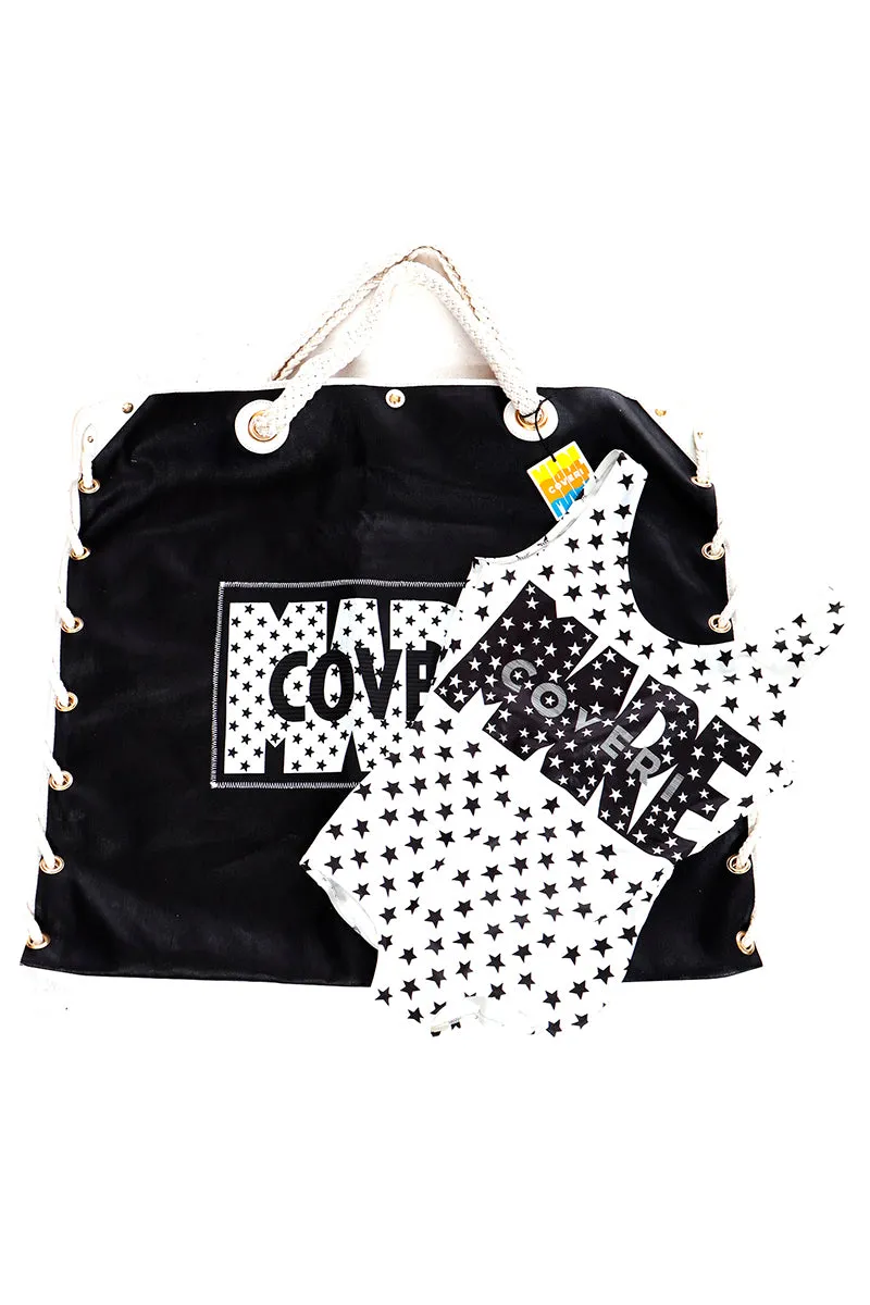 1987 Enrico Coveri Black & White Stars Mare Swimsuit & Beach Bag