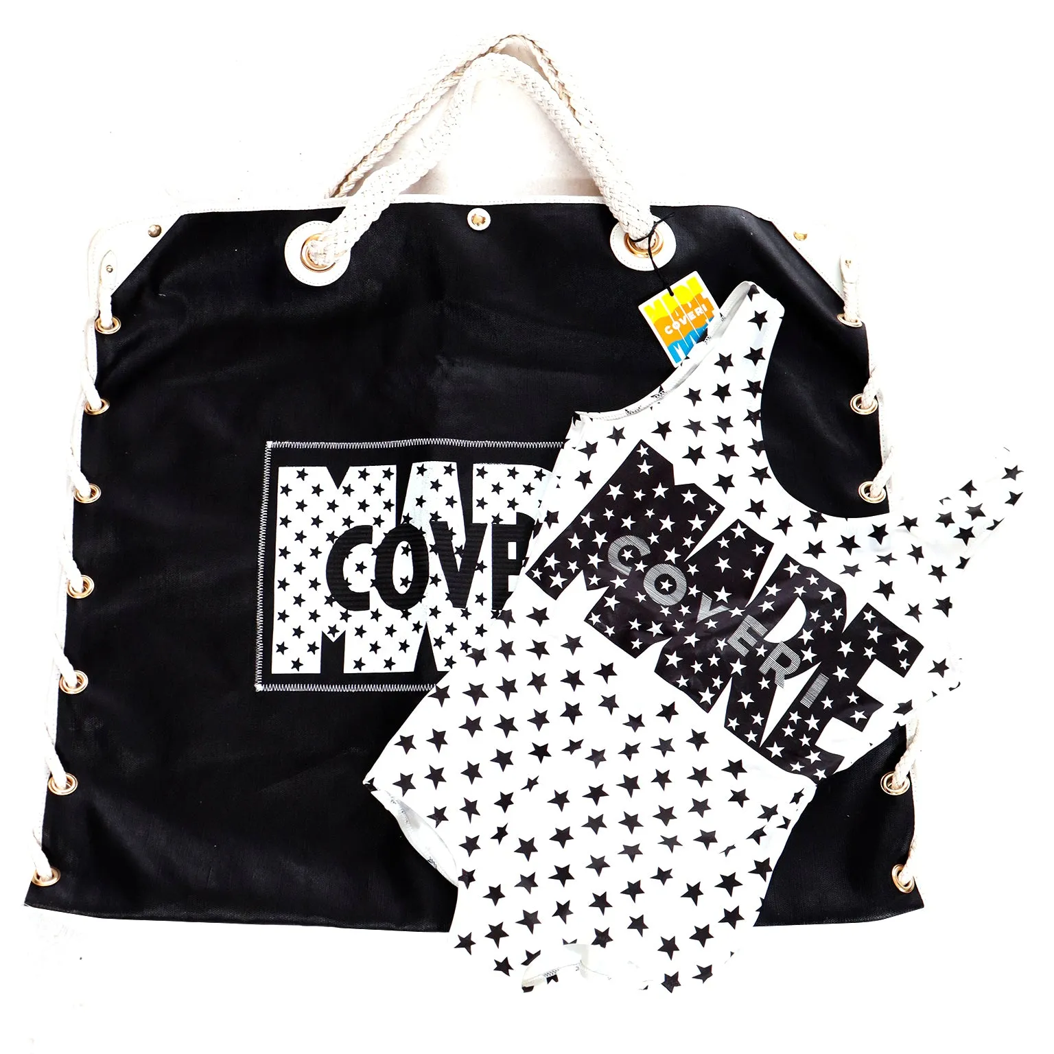 1987 Enrico Coveri Black & White Stars Mare Swimsuit & Beach Bag