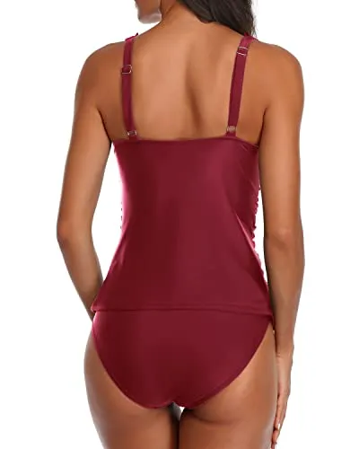 2 Piece Deep V Neck Swimwear Ruffle Flounce Tankini Swimsuits-Maroon