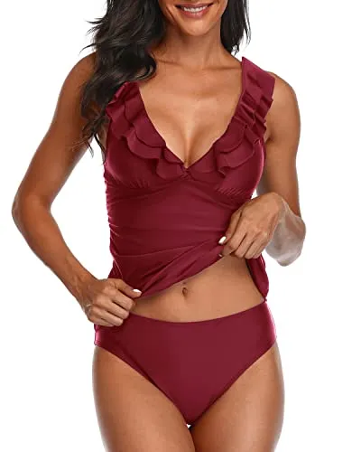 2 Piece Deep V Neck Swimwear Ruffle Flounce Tankini Swimsuits-Maroon
