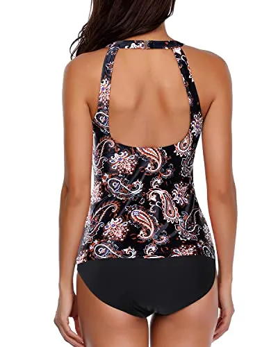 2 Piece Halter Tankini Swimsuit With Full Coverage Bottom-Black Tribal