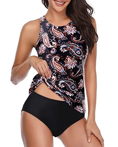 2 Piece Halter Tankini Swimsuit With Full Coverage Bottom-Black Tribal