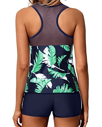 2 Piece Mid-Waist Solid Boyleg Tankini Swimsuit Racerback-Blue Leaf