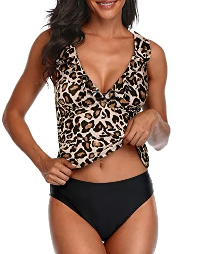 2 Piece Tummy Control Swimsuits Ruched Swimwear For Women-Black And Leopard