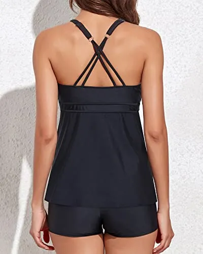 2 Piece Tummy Control Tankini Boyshorts Swimsuit-Black