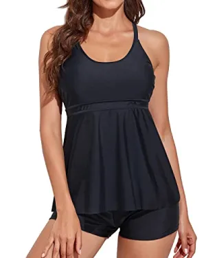2 Piece Tummy Control Tankini Boyshorts Swimsuit-Black