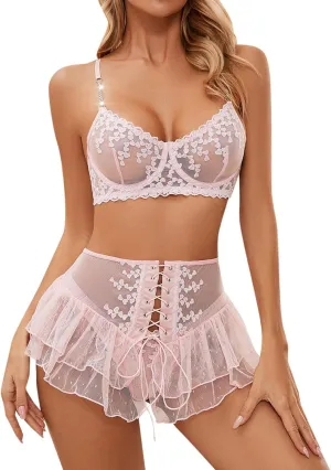 2 Pieces Lace Sheer Lingerie Sets Strappy Bralette and Lace Up Mini Skirt Set Sexy Exotic Nightwear Loungewear Outfits