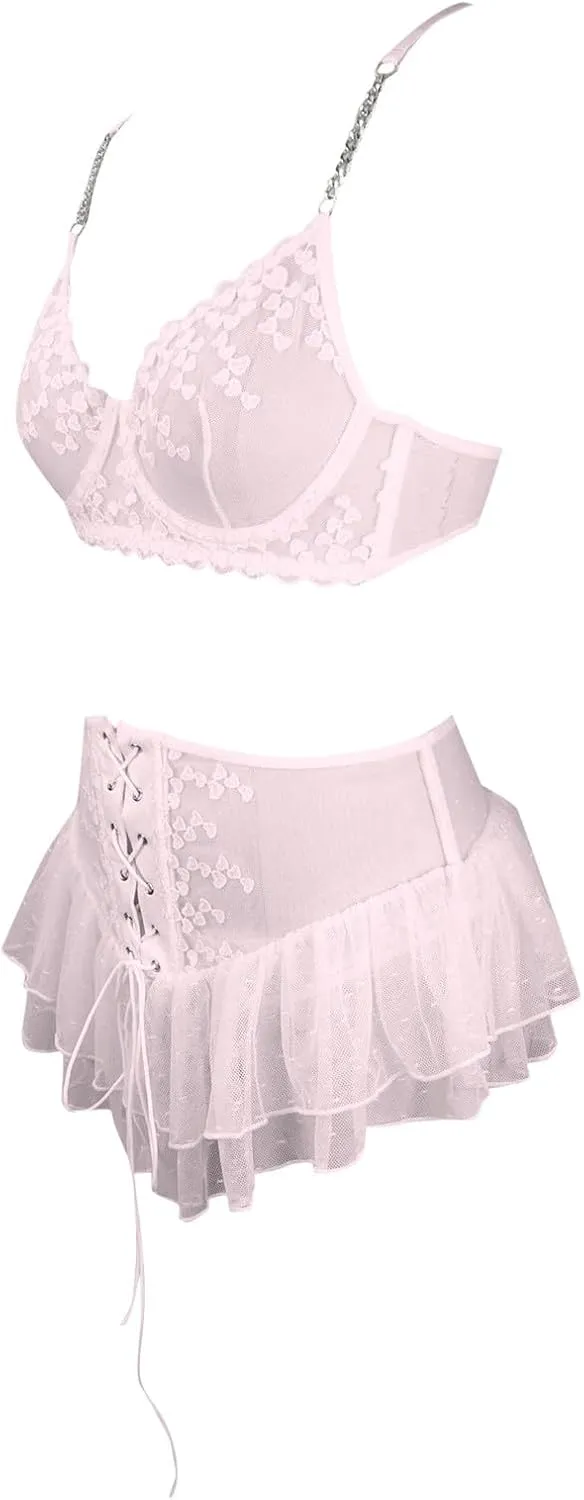 2 Pieces Lace Sheer Lingerie Sets Strappy Bralette and Lace Up Mini Skirt Set Sexy Exotic Nightwear Loungewear Outfits