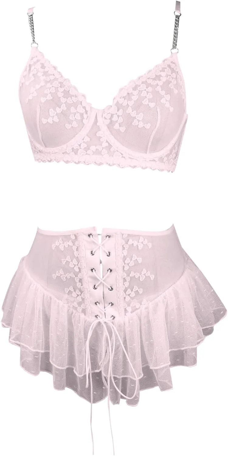 2 Pieces Lace Sheer Lingerie Sets Strappy Bralette and Lace Up Mini Skirt Set Sexy Exotic Nightwear Loungewear Outfits
