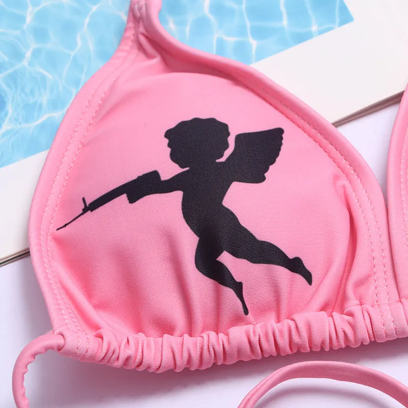 2022 Brazilian bikini swimsuit triangular gothic angel wordings swimwear halter neck