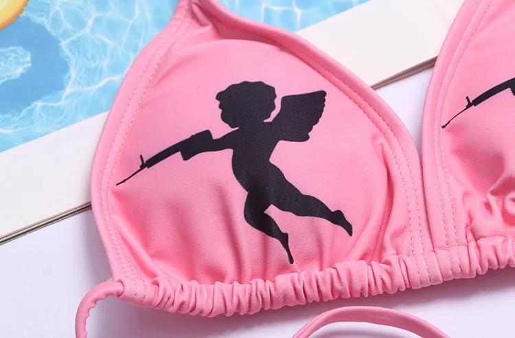 2022 Brazilian bikini swimsuit triangular gothic angel wordings swimwear halter neck