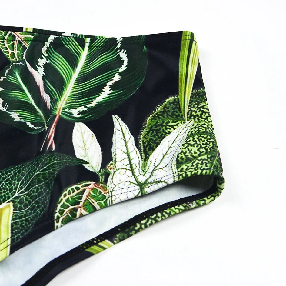 2022 sexy swimsuit green leave print high waist one shoulder single sleeve bikini European swimwear