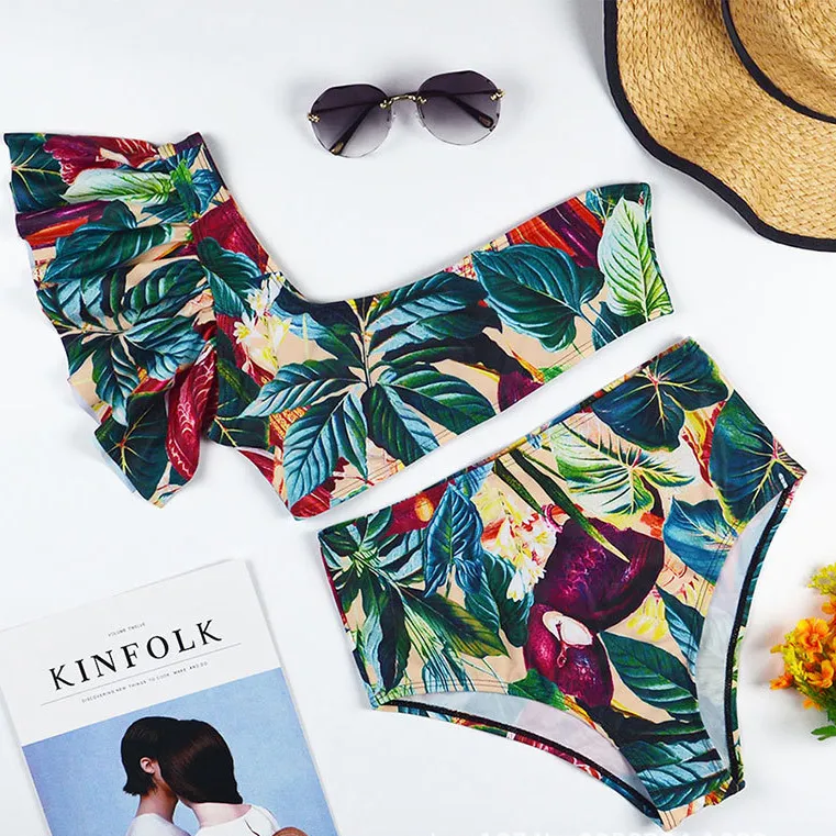 2022 sexy swimsuit green leave print high waist one shoulder single sleeve bikini European swimwear