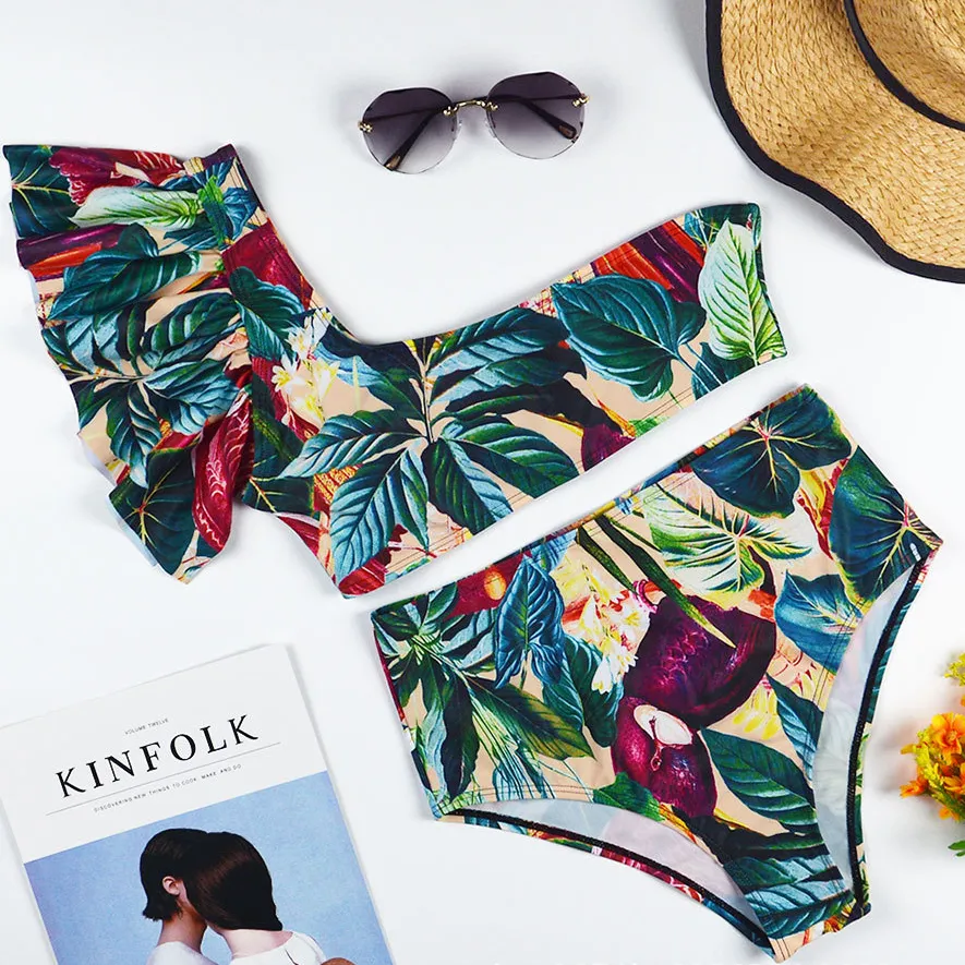 2022 sexy swimsuit green leave print high waist one shoulder single sleeve bikini European swimwear