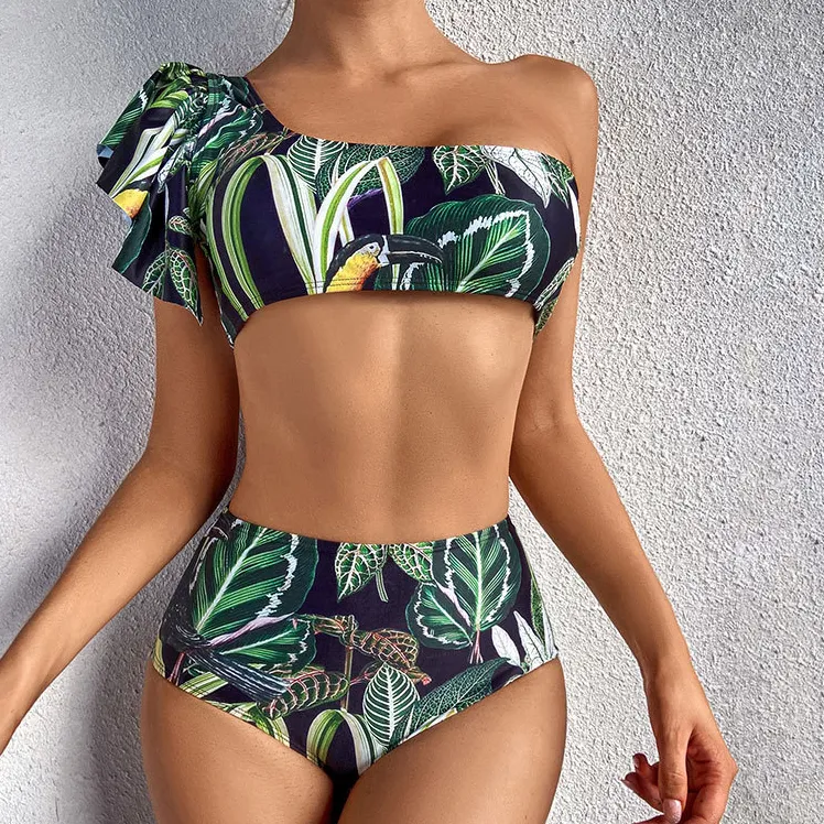 2022 sexy swimsuit green leave print high waist one shoulder single sleeve bikini European swimwear