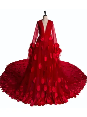 2M Train Sexy Red Color Maternity Dress Plus Size 2021 New Arrival Flowers Long Sleeves Boho Beach Color Photography Dress