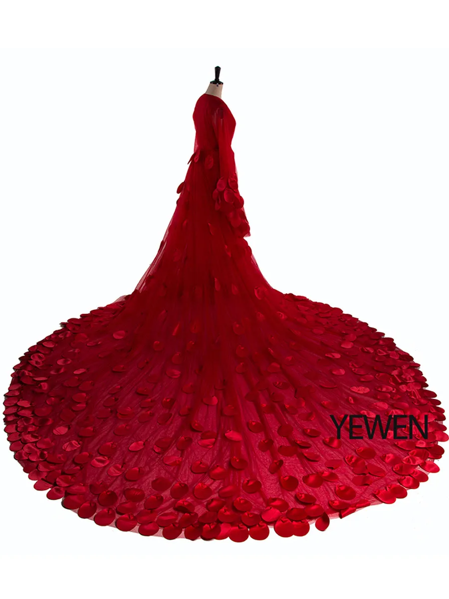 2M Train Sexy Red Color Maternity Dress Plus Size 2021 New Arrival Flowers Long Sleeves Boho Beach Color Photography Dress
