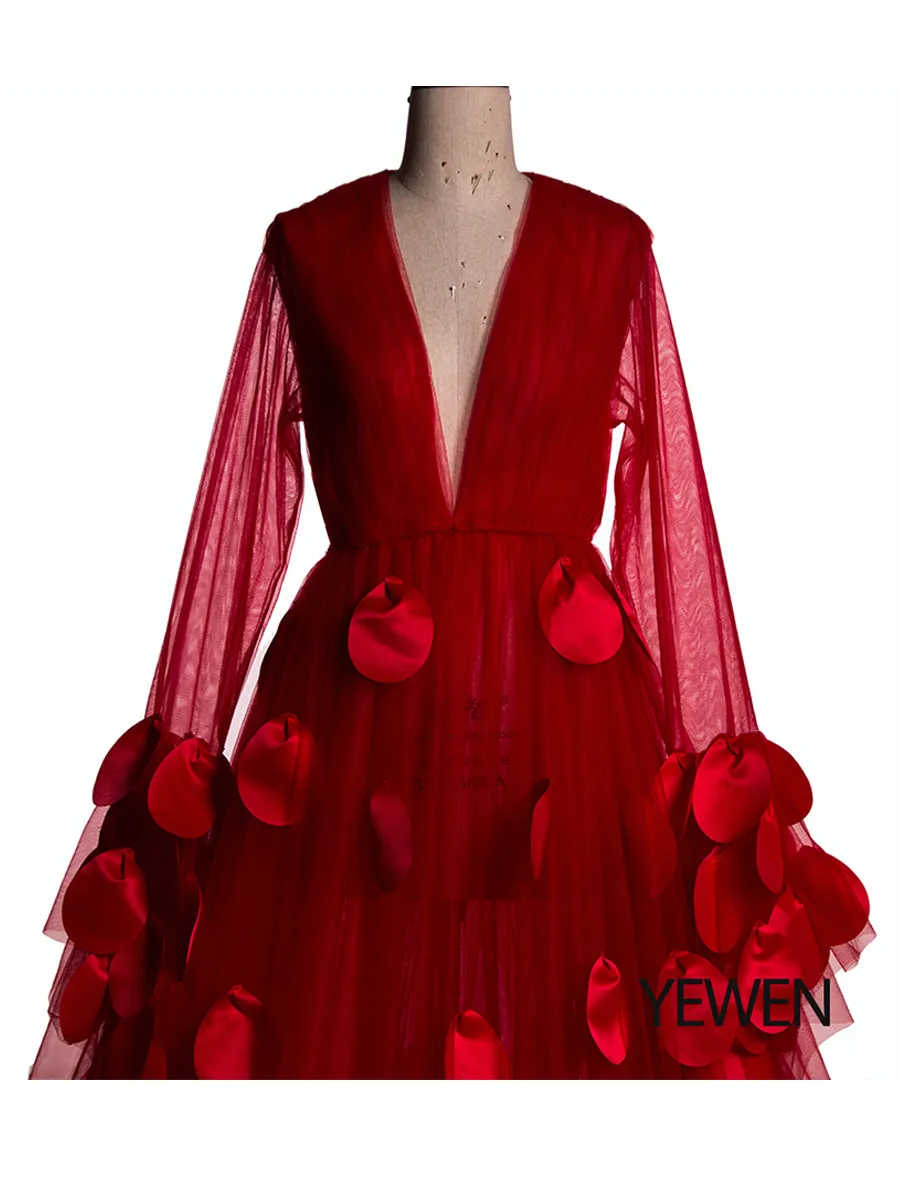 2M Train Sexy Red Color Maternity Dress Plus Size 2021 New Arrival Flowers Long Sleeves Boho Beach Color Photography Dress