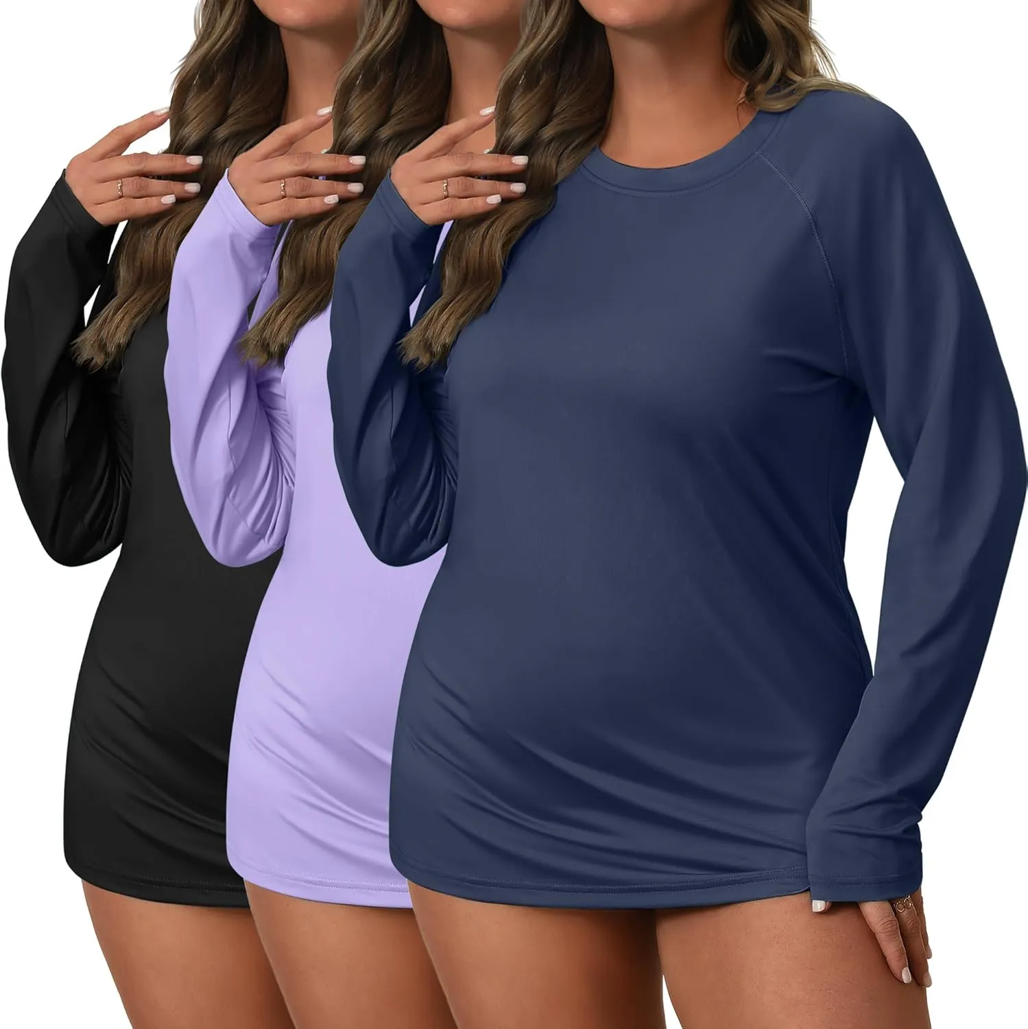 3 Pack Women's Plus Size Rash Guard Shirts Long Sleeve Swim Tops Sun Protection Quick Dry Loose Crew Neck Swimsuits