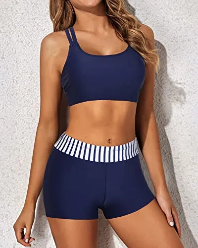 3 Piece Tankini Bathing Suits For Women With Shorts-Blue White Stripe