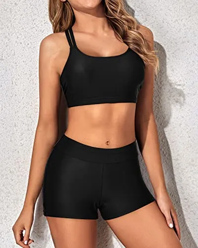 3 Piece Tankini Bathing Suits For Women With Shorts Tankini Swimsuits-Black
