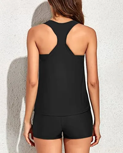 3 Piece Tankini Bathing Suits For Women With Shorts Tankini Swimsuits-Black