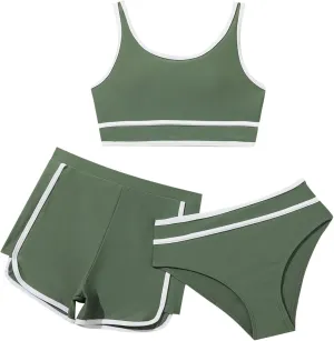 3 Piece Teen Bathing Suits for Girls Letter Sports Tank Tops with Underpants Shorts Bikini Set Quick Dry Beach Swimwear