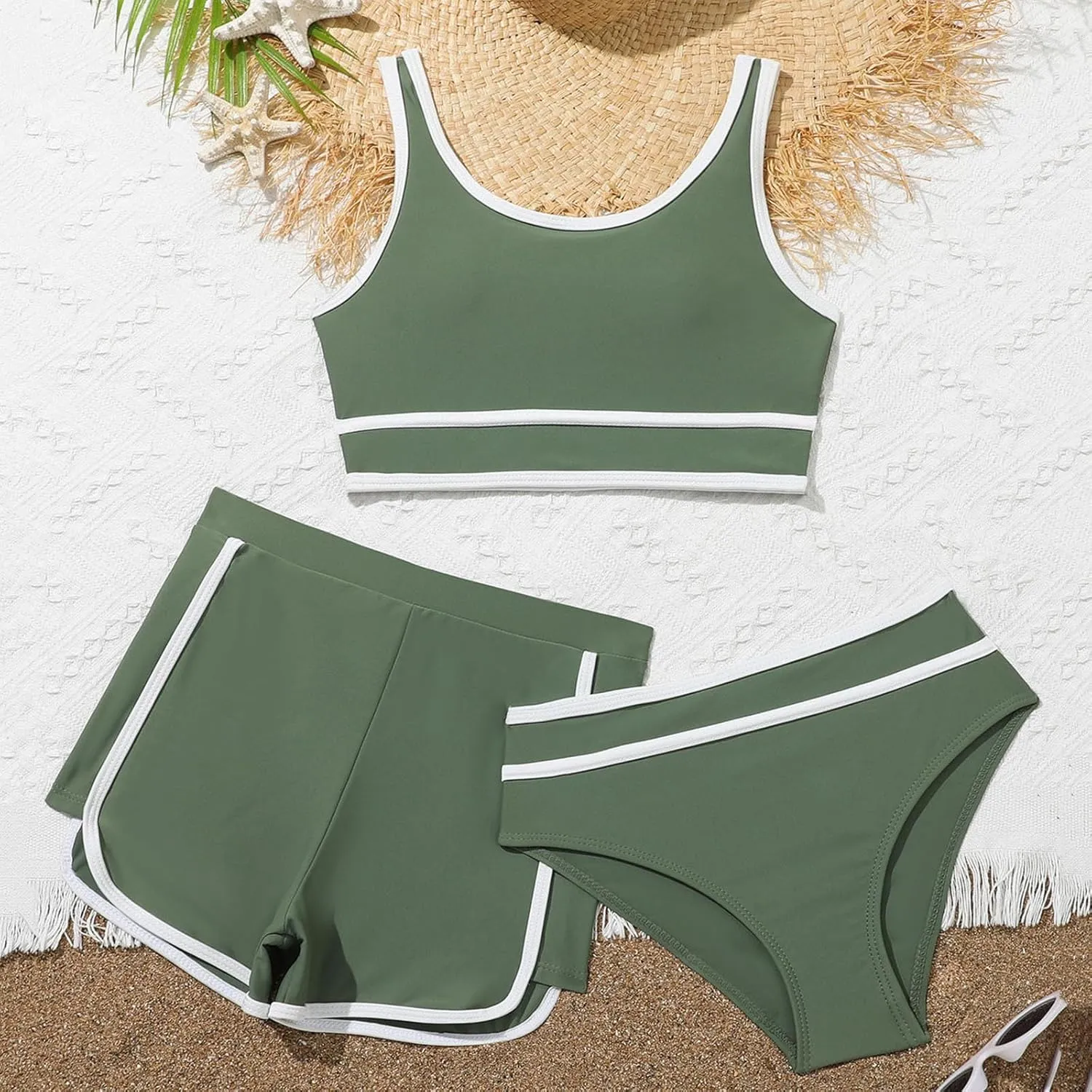 3 Piece Teen Bathing Suits for Girls Letter Sports Tank Tops with Underpants Shorts Bikini Set Quick Dry Beach Swimwear